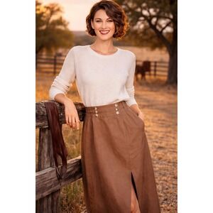 LAURA plus 16 Linen A-line  skirt Classic Midi Side Slits Part Lined Tan Classic